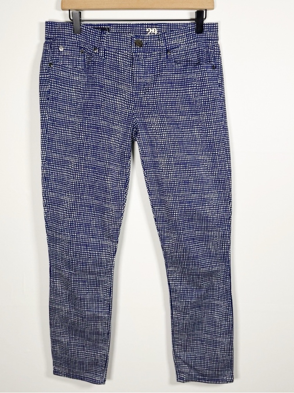 J. CREW Toothpick Navy Checkered Stretch Low Rise Slim Cotton Pants Sz 29